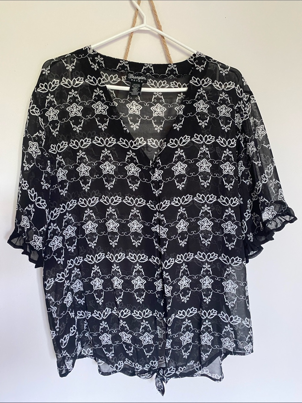 Wrangler Retro Black Floral-Print V-Neck Blouse Ladies Clothes western